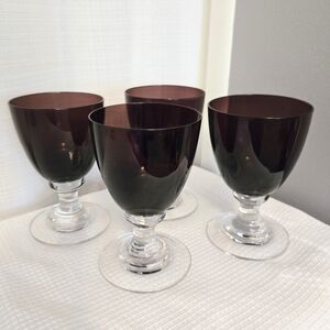 Art Deco Style Water Wine Goblets Glass Tiered Pedestal Base Plum Set of 4